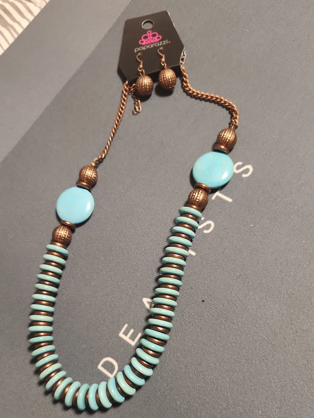 paparazzi Turquoise and Antiqued Gold Disc Necklace Set